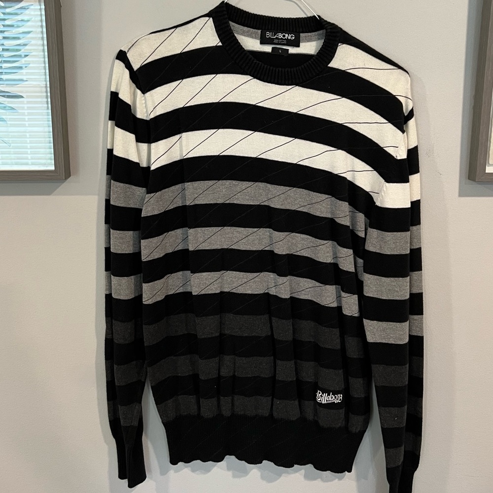 Billabong Sweater Black Gray White Striped Soft Cotton Knit Large